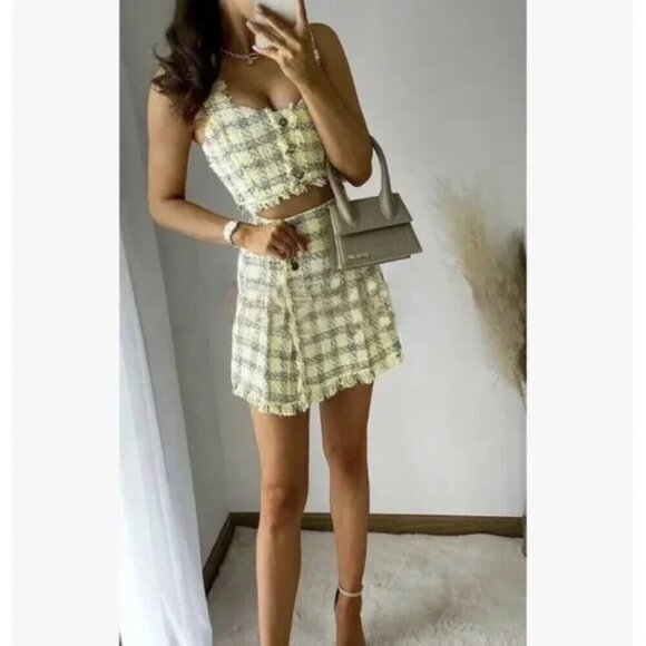 Zara SET Textured Tweed Plaid Crop Top + Skirt Yellow Black Size XS - Picture 6 of 15